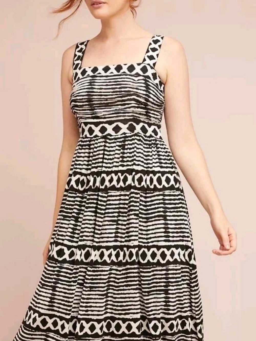 Tracy Reese Anthropologie Womens XS Black White Geometric Ruched Midi Dress